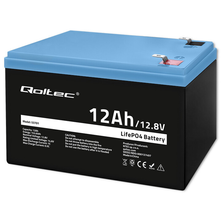 Qoltec LifePO4 Lithium -Eisen -Phosphat -Batterie, 12,8 V, 12AH, 153,6WH, BMS