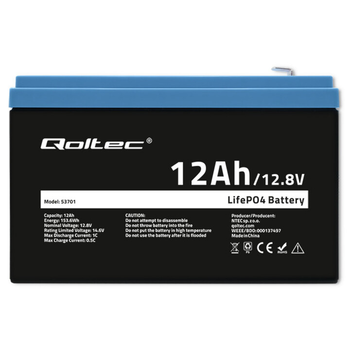 Qoltec LifePO4 Lithium -Eisen -Phosphat -Batterie, 12,8 V, 12AH, 153,6WH, BMS