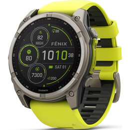 Garmin Fenix 8 – 51 mm, Solar, Dive Rated Built-in LED Flashlight, Sapphire, Titanium with yellow silicone strap