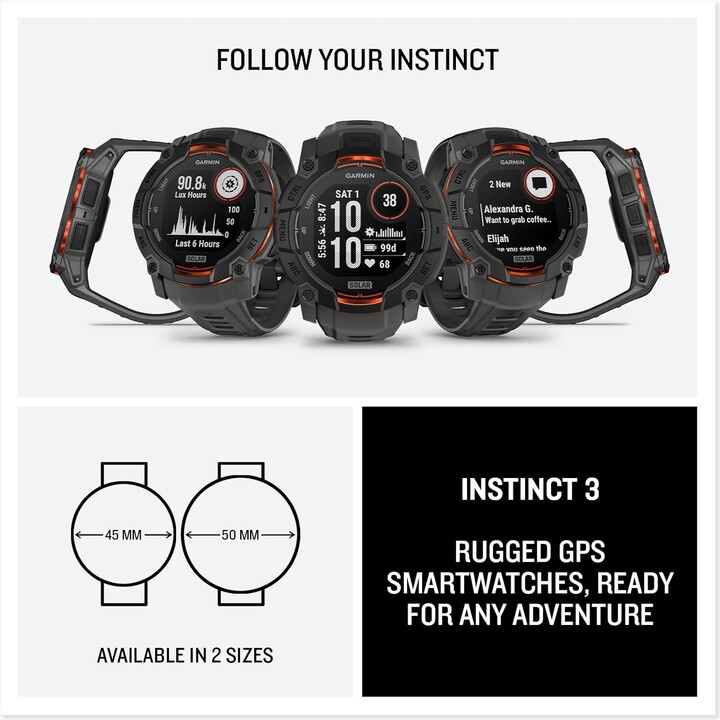 Garmin Instinct 3 1.969 Display a carica solare, smartwatch GPS esterno robusto, cornice rinforzata in metallo, carbone