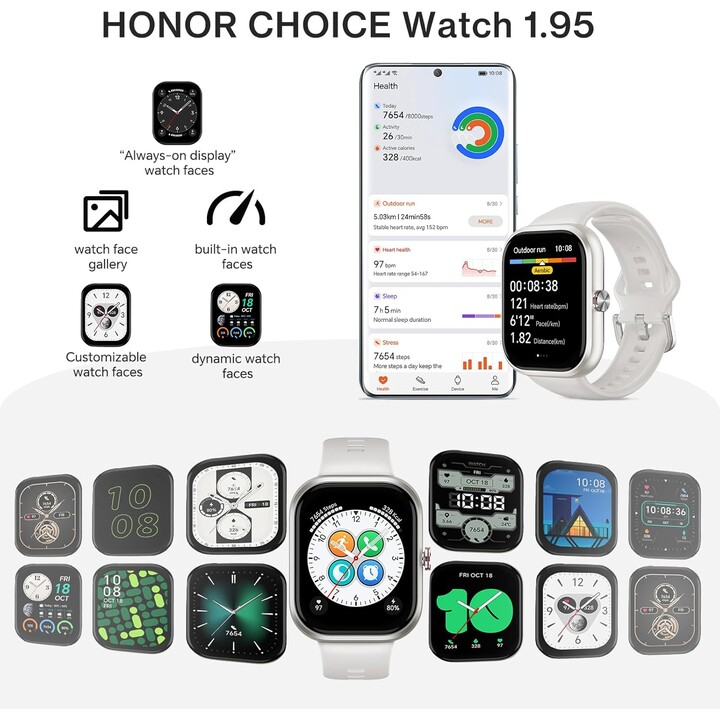 Honor Choice Smartwatch, Fitness Tracker, Spo2, 1,95 AMOLED DIFFICH, 12 jours, GPS, 5ATM, blanc