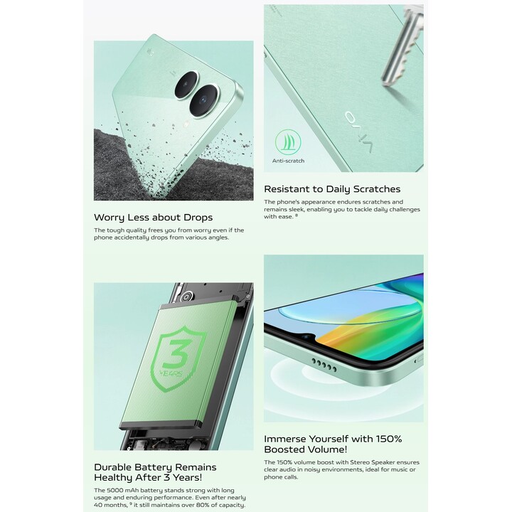 Vivo Y03, 4GB 128GB, 6.56 LCD Smartphone, Mediatek Helio G85, 5000mAh, Gem Green