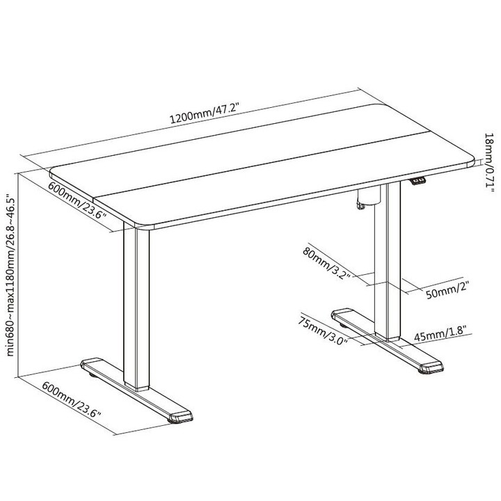 Mesa electrica ergonomica altura regulable tablero negro 120x60 color estructura negro control tactil altura desde 68cm-118cm