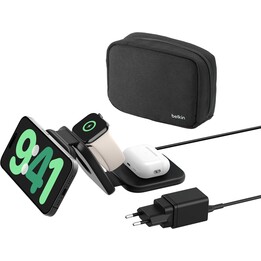 Belkin BoostCharge Pro 3 em 1 qi2 carregador sem fio dobrável, bloco de carregamento de viagem magnética de 15w