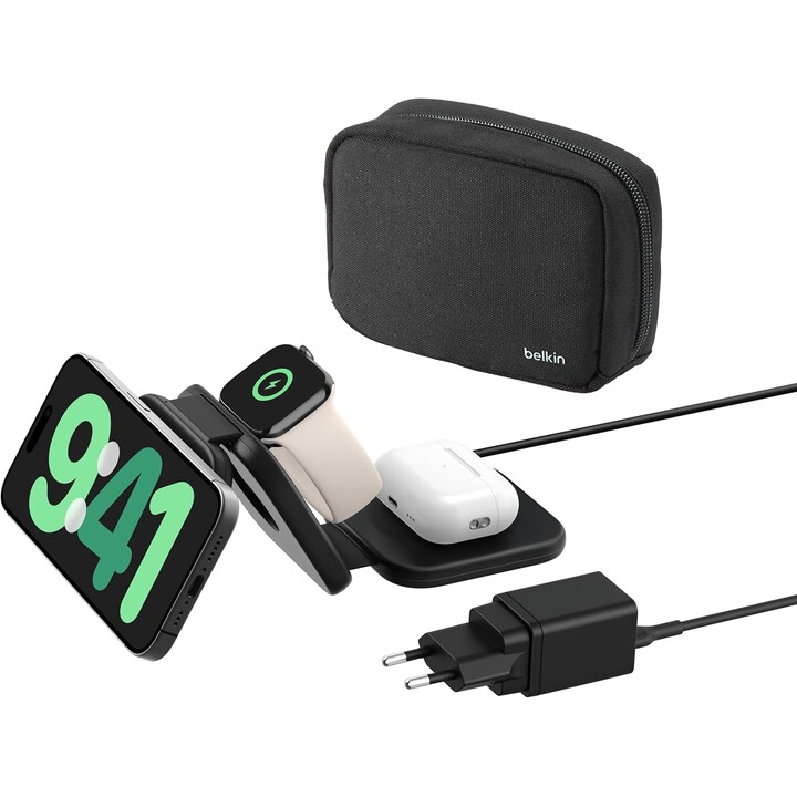 Belkin Boostcharge Pro 3-in-1 QI2 Faltbares drahtloses Ladegerät, 15W magnetische Reise-Ladekissen