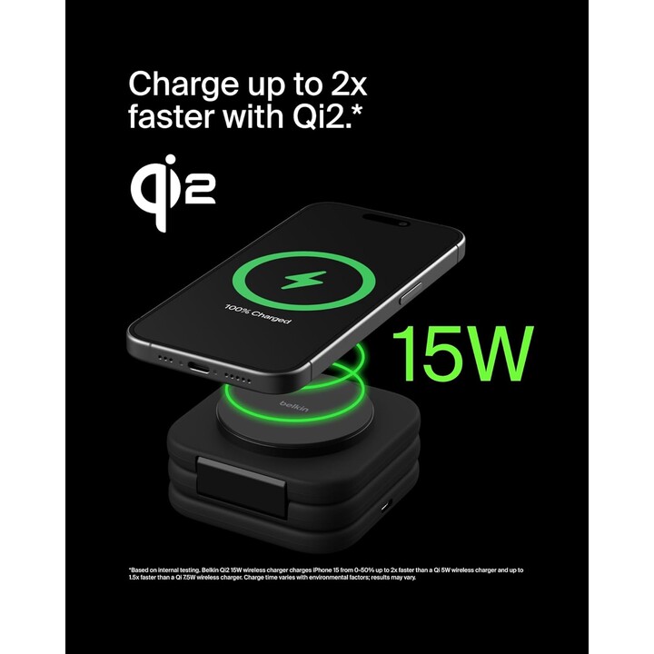 Belkin Boostcharge Pro 3-in-1 QI2 Faltbares drahtloses Ladegerät, 15W magnetische Reise-Ladekissen