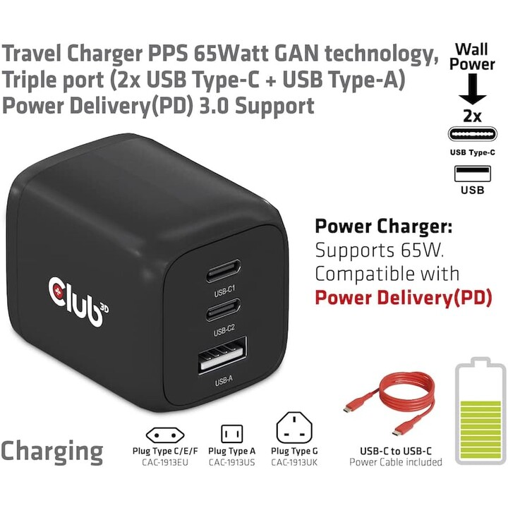 Cargador de viajes Club3D CAC-1913EU, PPS, 65 vatios, GaN, 2 x USB-C + USB-A, entrega de energía (PD) 3.0 Soporte