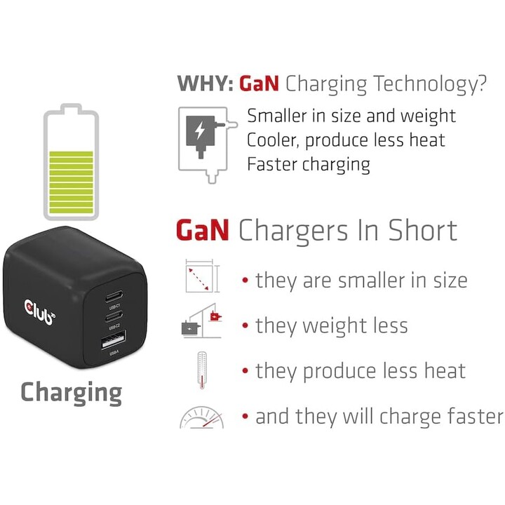Cargador de viajes Club3D CAC-1913EU, PPS, 65 vatios, GaN, 2 x USB-C + USB-A, entrega de energía (PD) 3.0 Soporte