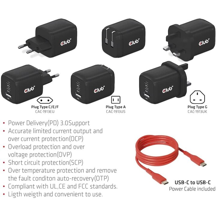 Cargador de viajes Club3D CAC-1913EU, PPS, 65 vatios, GaN, 2 x USB-C + USB-A, entrega de energía (PD) 3.0 Soporte