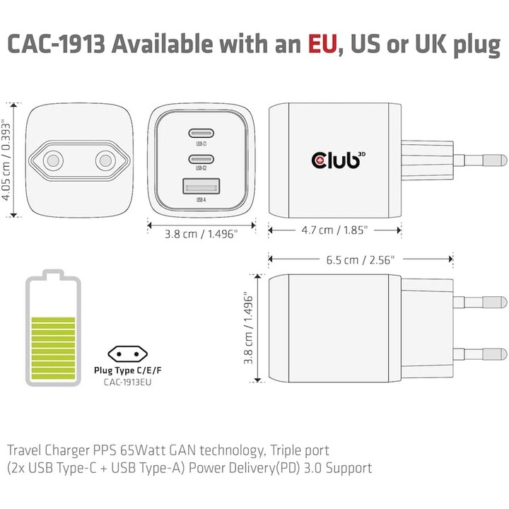 Cargador de viajes Club3D CAC-1913EU, PPS, 65 vatios, GaN, 2 x USB-C + USB-A, entrega de energía (PD) 3.0 Soporte
