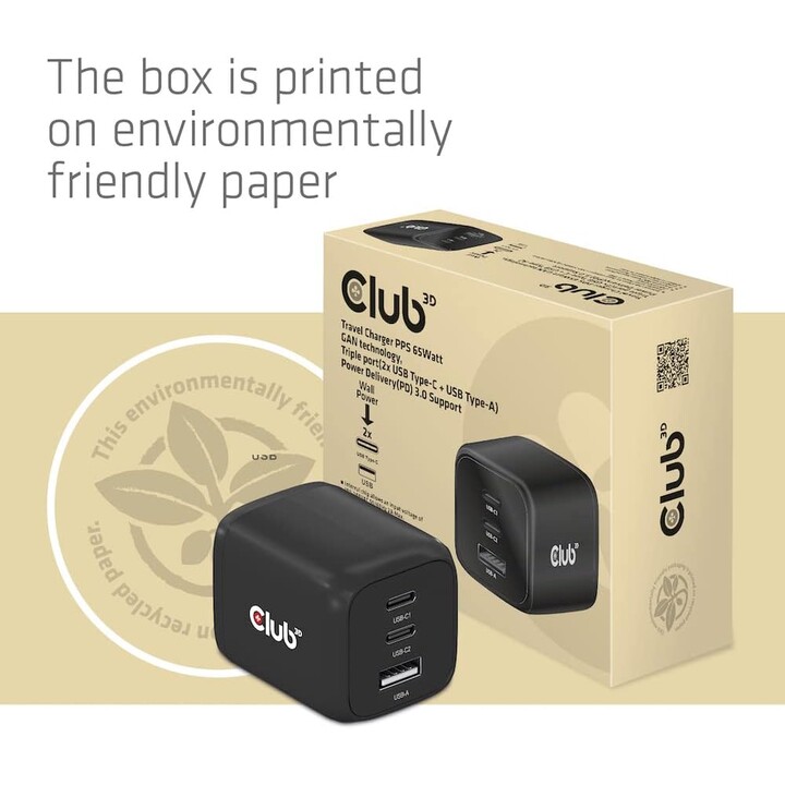 Cargador de viajes Club3D CAC-1913EU, PPS, 65 vatios, GaN, 2 x USB-C + USB-A, entrega de energía (PD) 3.0 Soporte