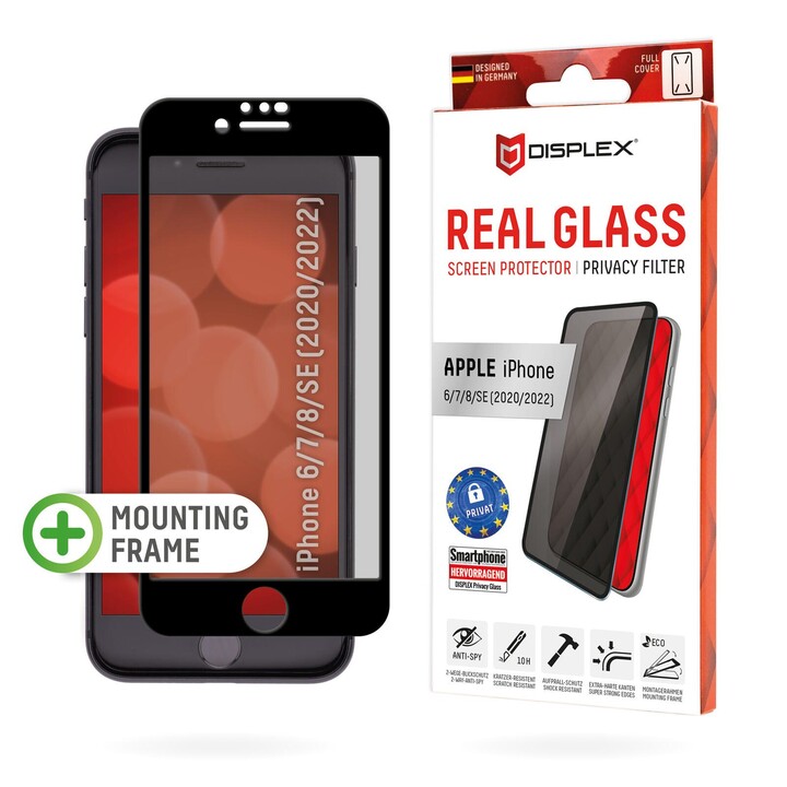 DISPLEX Privacy Vetro Temperato (10H) per Apple iPhone 6/7/8/SE (2020/2022), Telaio di Montaggio, Filtro Privacy