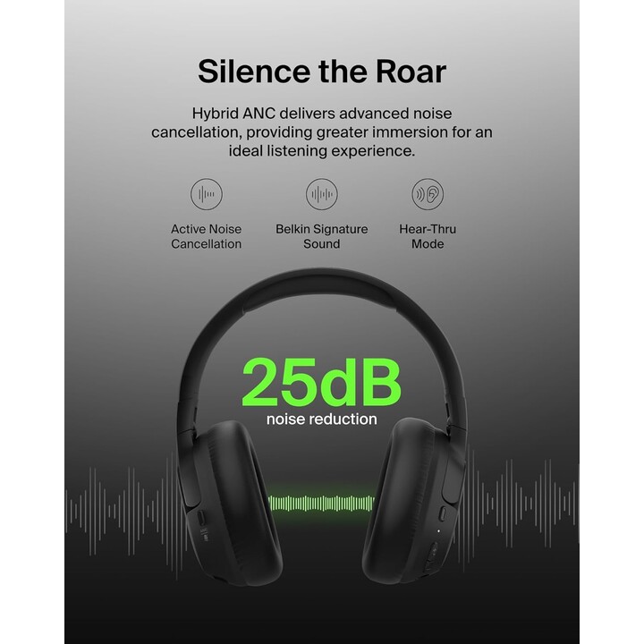 Belkin SoundForm, casque sans fil Bluetooth, annulation de bruit actif hybride, microphone, 60 heures, noir