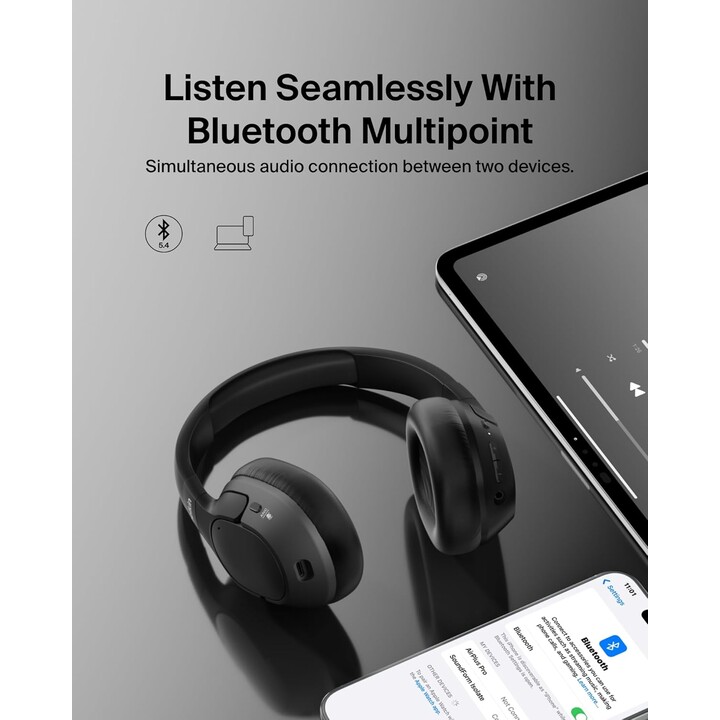 Belkin SoundForm, Isolate Bluetooth Wireless Headphones,Hybrid Active Noise Cancellation, Microphone, 60 Hours, Black