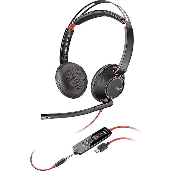 Cuffie stereo cablate Poly Blackwire 5220 con connessione USB-C da 3,5 mm e microfono 
