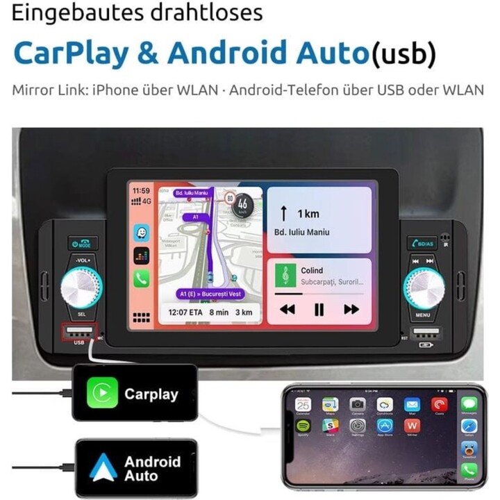 1 DIN Car Stereo SWM 160W 5 inch Bluetooth/Carplay/Android Auto Wireless/USB Black