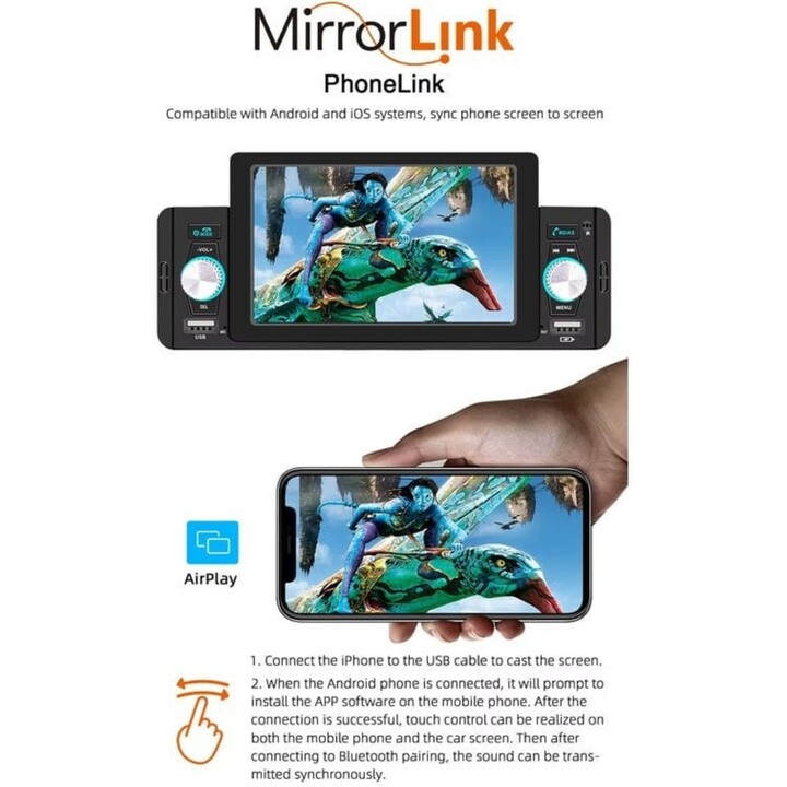 1 DIN Car Stereo SWM 160W 5 inch Bluetooth/Carplay/Android Auto Wireless/USB Black