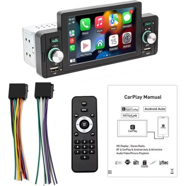 Autoradio 1 DIN SWM 160W 5 pouces Bluetooth/Carplay/Android Auto Wireless/USB Noir