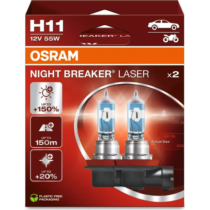 Bulb (Set of 2) H11 12V 55W PGJ 19-2 up to 150 m beam, up to 150% more brightness, up to 20% whiter light Night Breaker Laser, w
