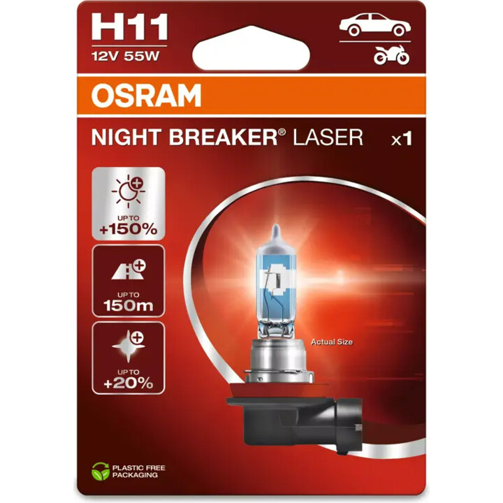 Bulb (Set of 2) H11 12V 55W PGJ 19-2 up to 150 m beam, up to 150% more brightness, up to 20% whiter light Night Breaker Laser, w