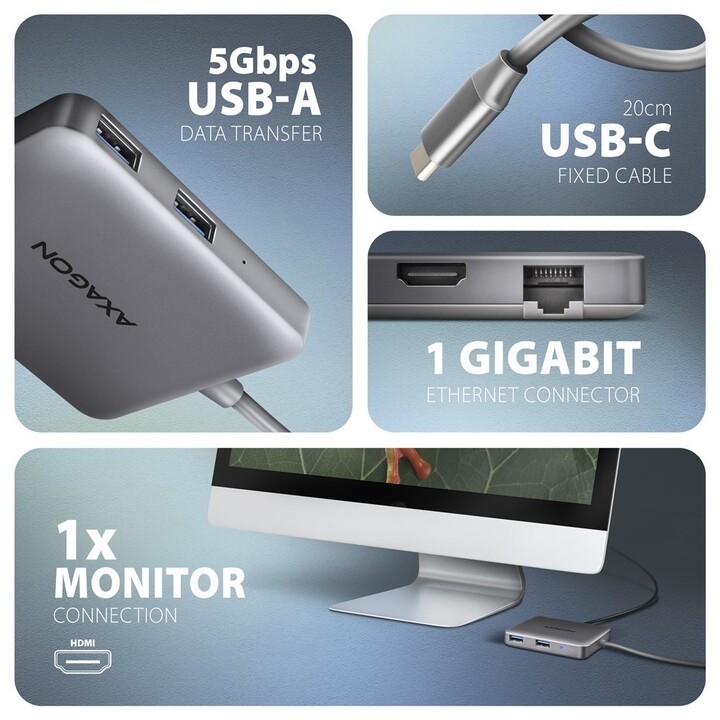 Axagon HMC-5HL USB 5Gbps Hub 2x USB-A HDMI 4K/60Hz RJ-45 GLAN PD 100W USB-C Kabel kabelgebunden USB 3.2 Gen 1 (3.1 Gen 1) Typ-C