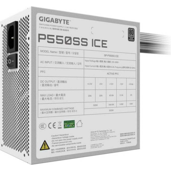Power Supply|GIGABYTE|GP-P550SS ICE|550 Watts|Efficiency 80 PLUS SILVER|PFC Active|MTBF 100000 hours|GP-P550SSICE