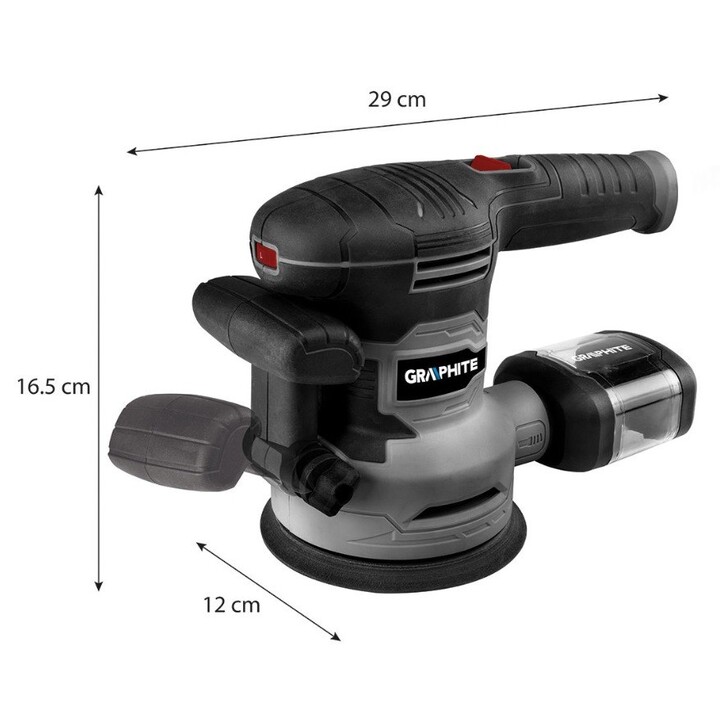 450W Graphite eccentric sander, 125/150mm disc, with case