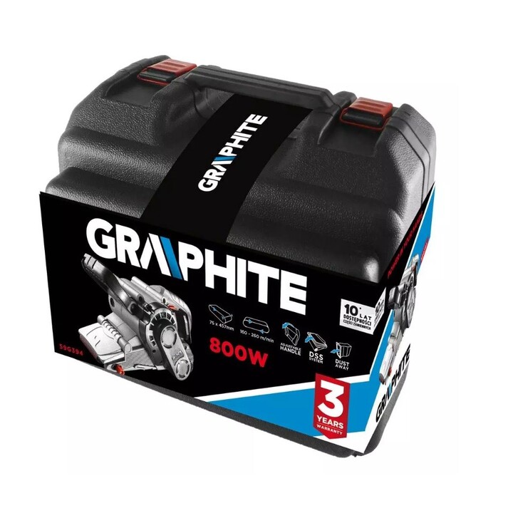 Lijadora de banda Graphite de 800 W con banda sin fin de 75 x 457 mm y maletín de transporte
