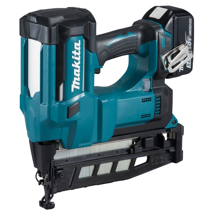 Makita DBN600RTJ, clavadora de acabado sin cable 18V LXT, calibre 16, cargador de 110 clavos, verde azulado/negro