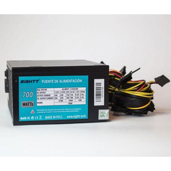 ATX power supply 700w Eightt Eps700 / Fan 120mm / 14db / 1x Eps / 12v 4 Pins / 4xSata / Pcie 6+2 / 2xIde / Black EPS700