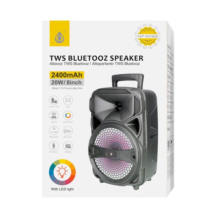Altoparlante Bluetooth 5.0 NF4089 / 20w / 2.400 mAh / Luci LED / Tws / FM / Microsd / USB / Nero / One+ / 2400892