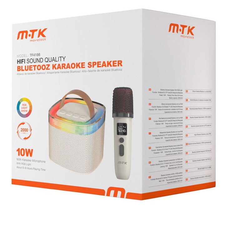 Alto-falante Bluetooth 5.3 + Microfone sem fio / TF4186 / 10w / 2000mah / Luz RGB / Tws / Micro SD / Aux / Branco / Mtk