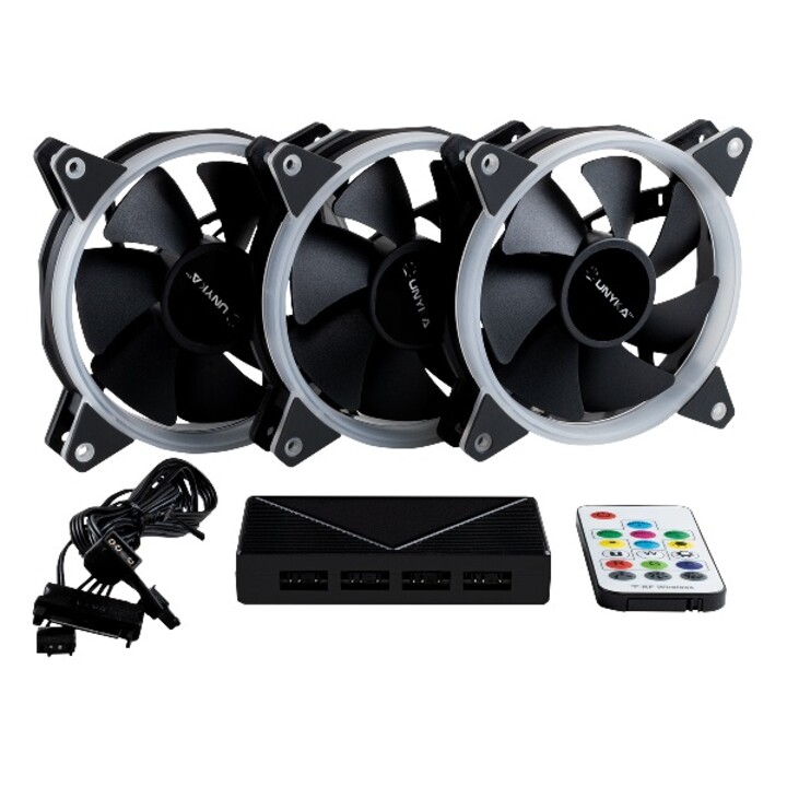 Kit di 3 ventole interne Unyka Candy 120mm ARGB LED a 7 pale, 1500 rpm, con telecomando