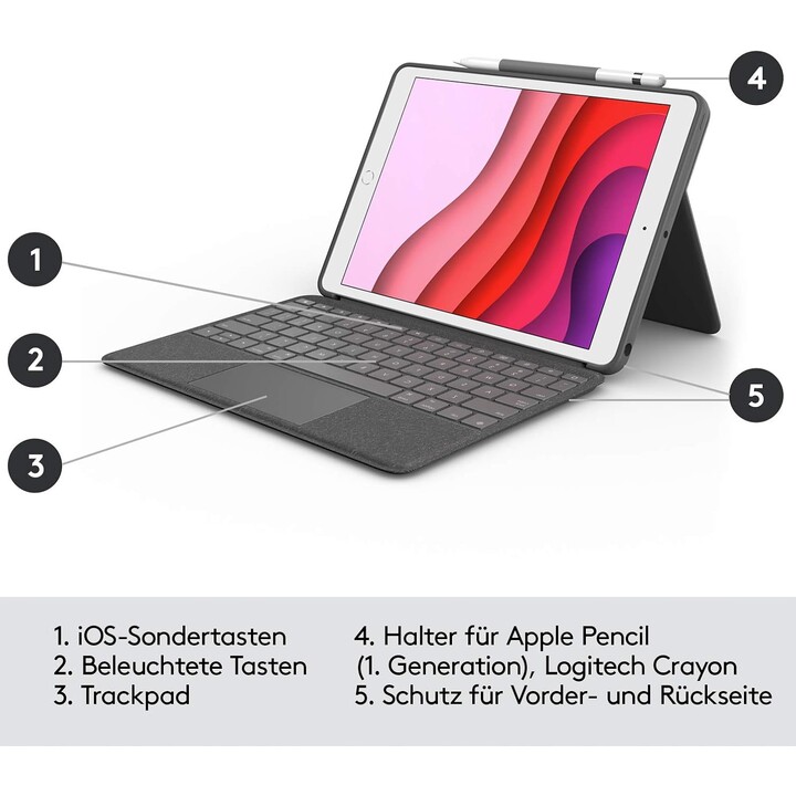 Logitech Touch Combo pour iPad, étui clavier avec trackpad, technologie de connecteur intelligent, noir (Qwertz allemand)