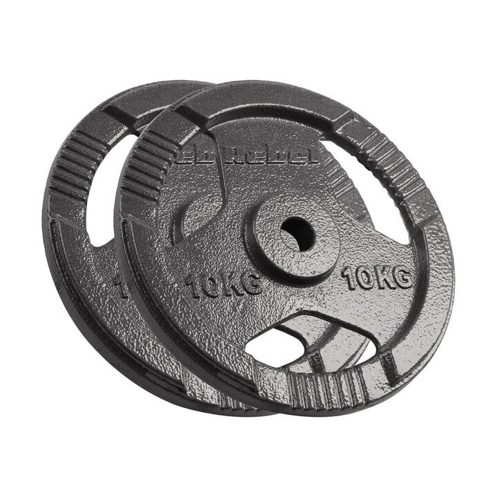 Conjunto de pesos de ferro fundido 2x10kg, furo 31mm, disco com alças, REBEL ACTIVE
