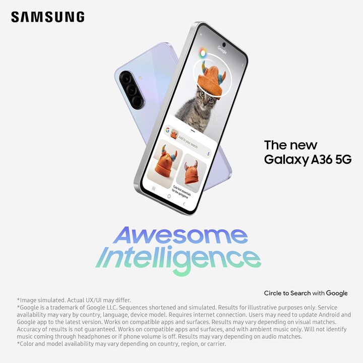 Samsung Galaxy A36 A366 5G, 6+128GB, 6,7 FHD+ Super AMOLED, Qualcomm Snapdragon 6 gen 3, 5000 mAh, blanco