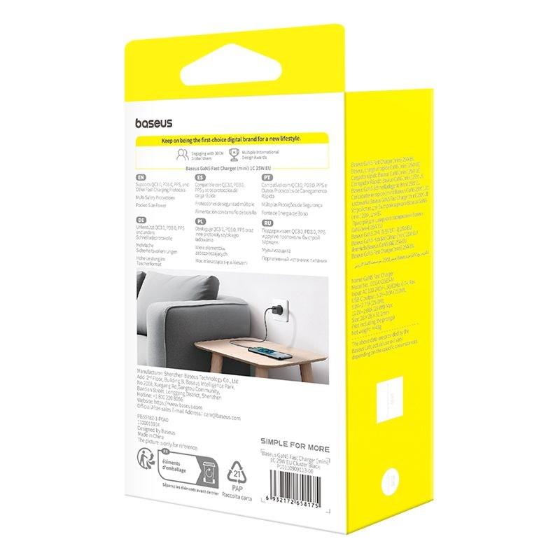 Baseus P10110909113-00 Cargador de red USB-C GaN5 mini 25W Negro