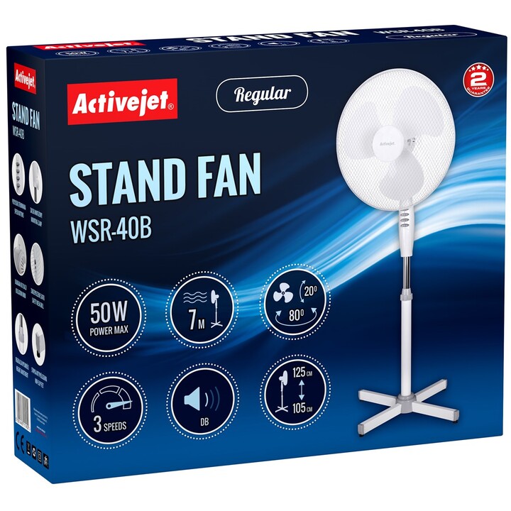 Activejet Regular WSR-40B, Pedestal Fan with Height Adjustment and Modern Home Design, White