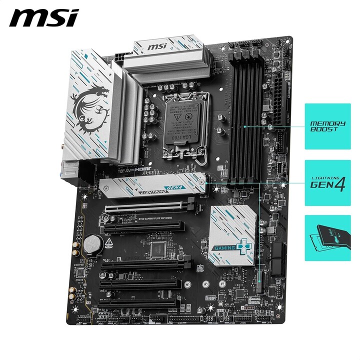 Msi B760 Gaming Plus Wifi Ddr4-Board, Intel, 1700, B760, 4DDR4, 192 GB, HDMI+DP, 4SATA+2M.2,6USB 3.2,2,5GB+Wifi6e+BT5.3,ATX