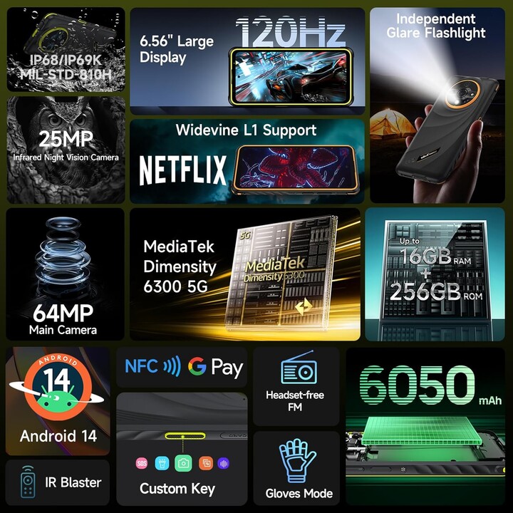 Ulefone Armor X31 Pro 5G, teléfono resistente, 16GB+256GB, Android 14, 6.56, 120Hz, 64MP+25MP+Cámara de 16MP, 6050 mAh, verde