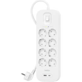 Multipresa protettiva Belkin a 8 prese + USB + interruttore USB-C bianco 2m