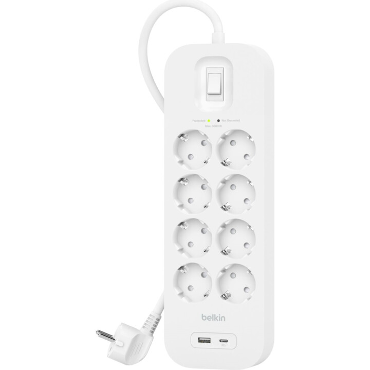 Multiprise de protection Belkin 8 prises + USB + USB-C blanc 2 m interrupteur