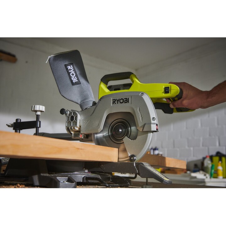 Ryobi R18MS216-0, 18V ONE+ 216mm Scie à onglets coulissante, système de coupe à l'équerre, vert/noir
