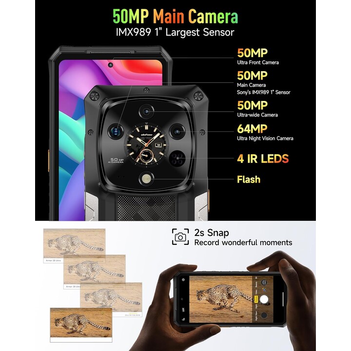 Armatura Ulefone 28 Ultra 5G, 32GB+1024GB/2TB, telefono robusto AI, 6,67 schermo a doppia, 64+50+50 MP, 10600MAH/120W, video 8K