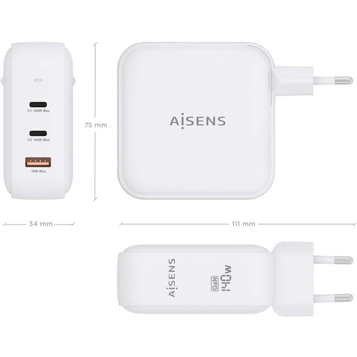 Aisens Gan Wandladegerät ASCH-140W3P030-W/ 2xUSB Typ-C/ 1xUSB/ 140W