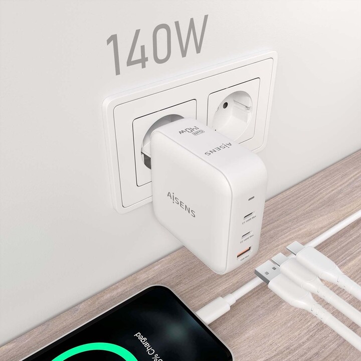 Aisens Gan Wandladegerät ASCH-140W3P030-W/ 2xUSB Typ-C/ 1xUSB/ 140W