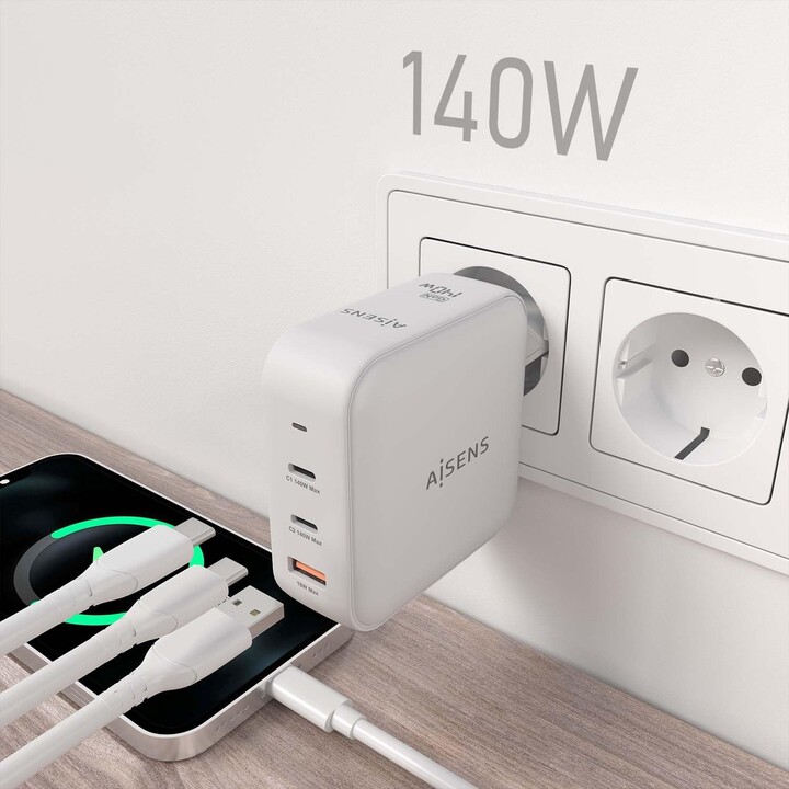 Aisens Gan Wandladegerät ASCH-140W3P030-W/ 2xUSB Typ-C/ 1xUSB/ 140W