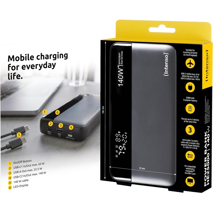 INTENSO HE25000 power bank 25000 mAh 140 W grigio/nero