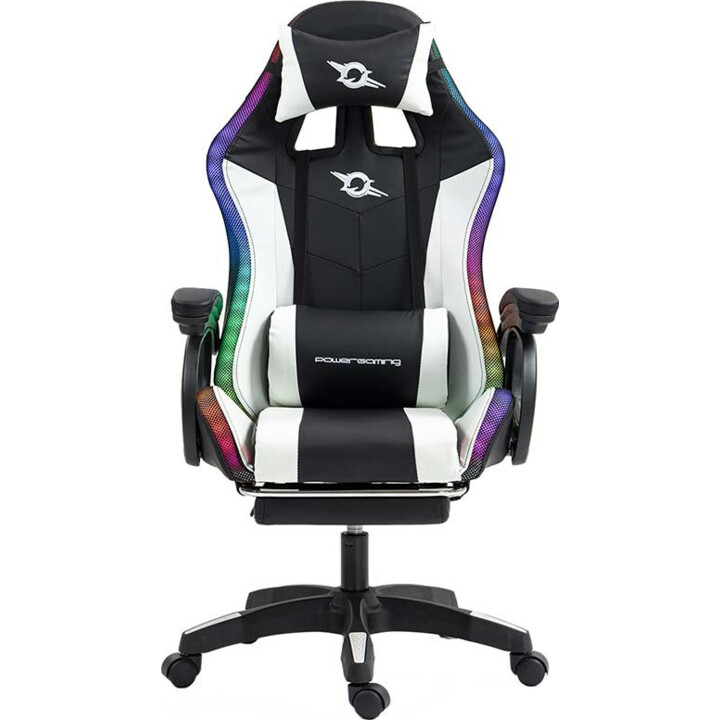 PowerGaming LED RGB-Silla 7-Punkt-Massage-Reposapiés Schwarz+Weiß