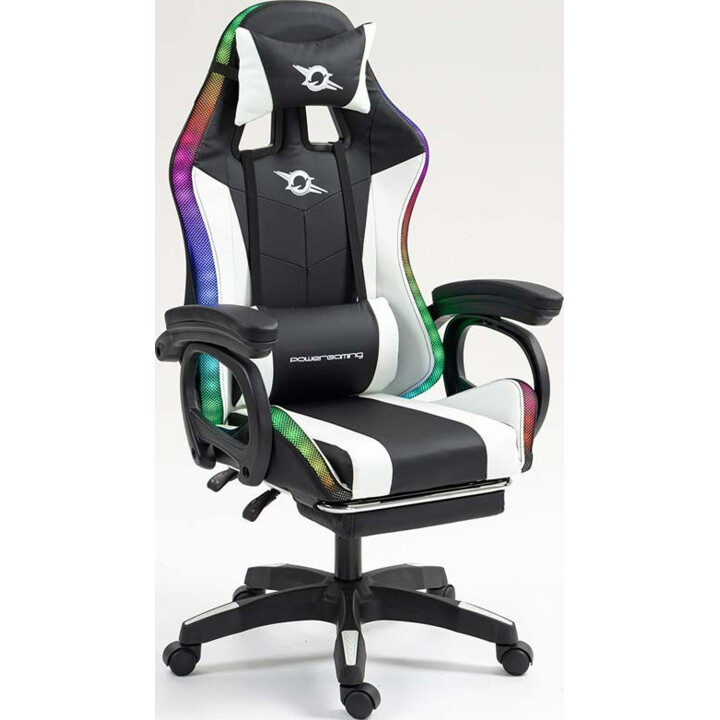 PowerGaming LED RGB-Silla 7-Punkt-Massage-Reposapiés Schwarz+Weiß